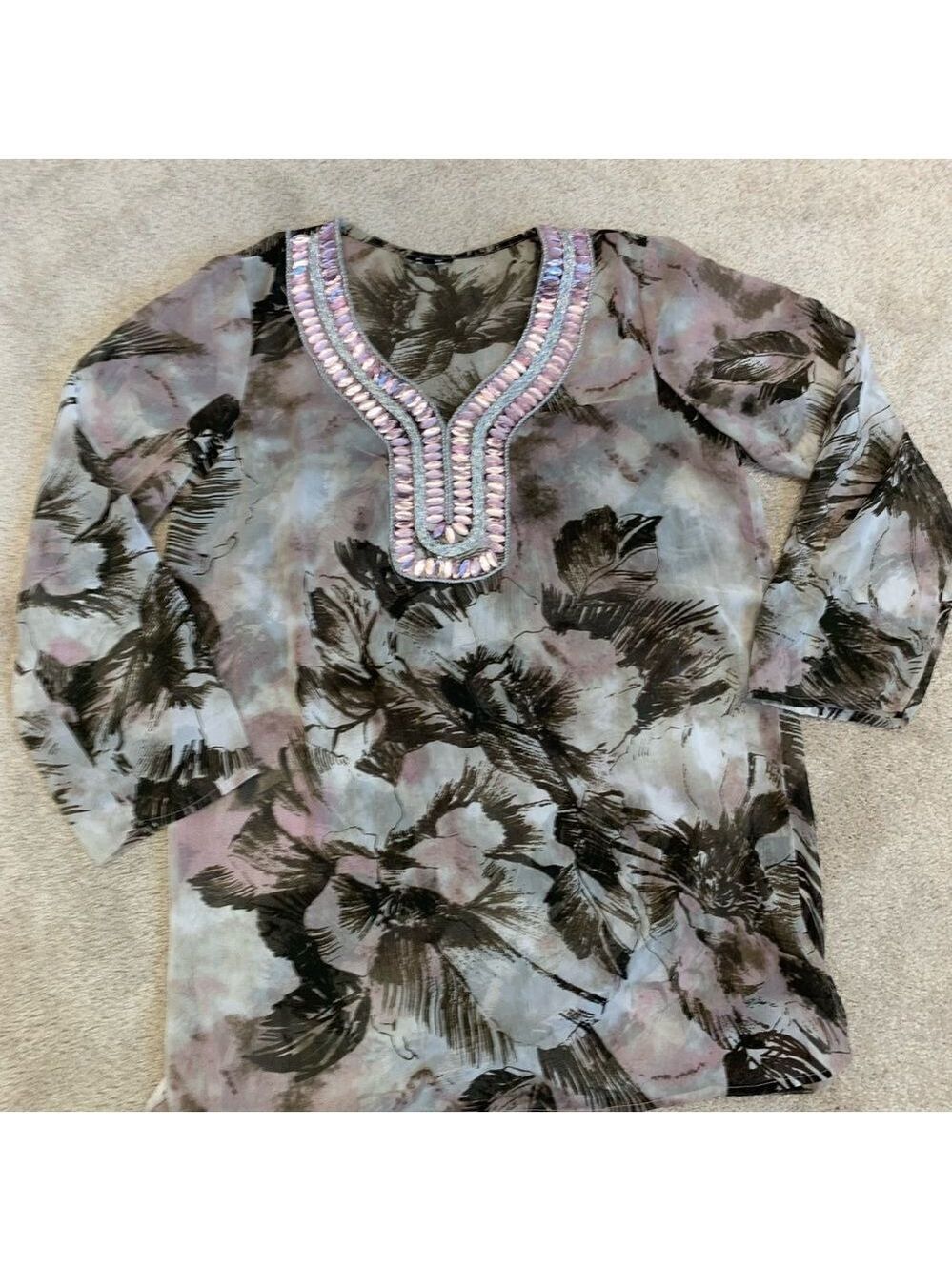 PREMISE brown pink sheer chiffon gem jewelled beach coverup blouse top Sz L 🔥 - Picture 8 of 13